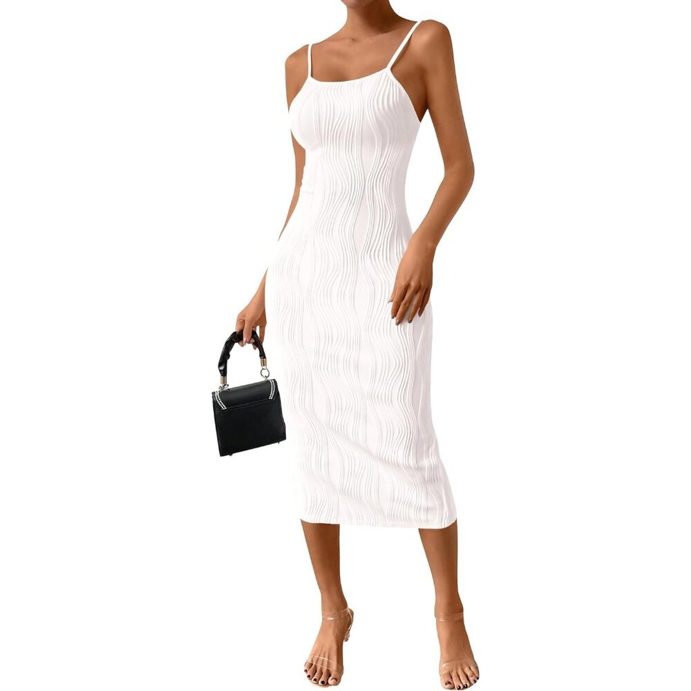 Womens White Summer Spaghetti Strap Sleeveless Knit Tight Fitted Dress